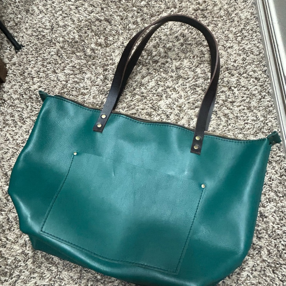 Portland Leather Goods Teal Tote with Dark Brown Straps